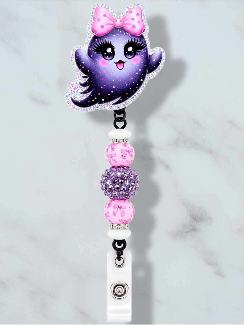 Ghost Pink Bow Beaded Badge Reel